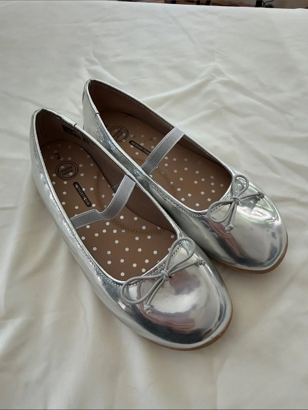 Girls Silver Ballet Flats with Bow - Children's Dress Shoes